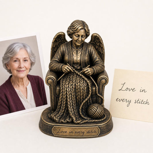 Personalised Knitting Memorial Figurine from Photo, Antique Brass Angel Statue, Custom Grandma Remembrance Gift