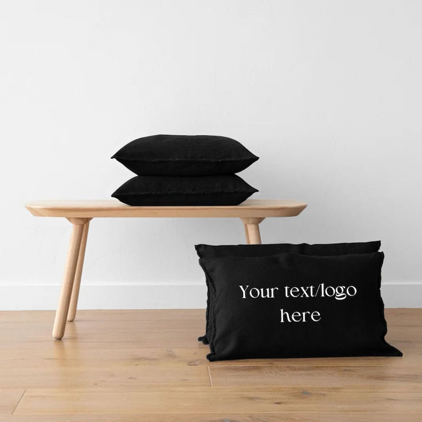 Black - Set of 2 | Personalised Embroidered Raw/Frayed Edged Pillow/Cushion Covers (Covers only) in Pure Linen | Super Soft | Pre-washed