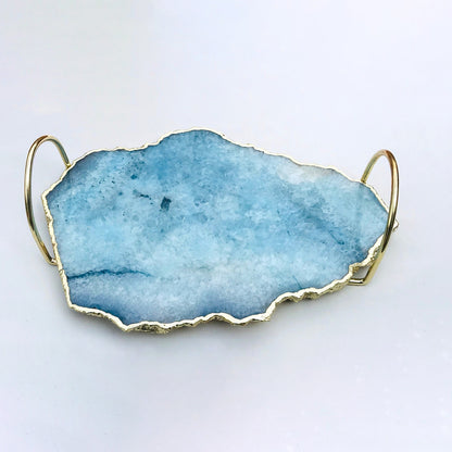Blue Agate Serving Tray With Brass Loop Handles