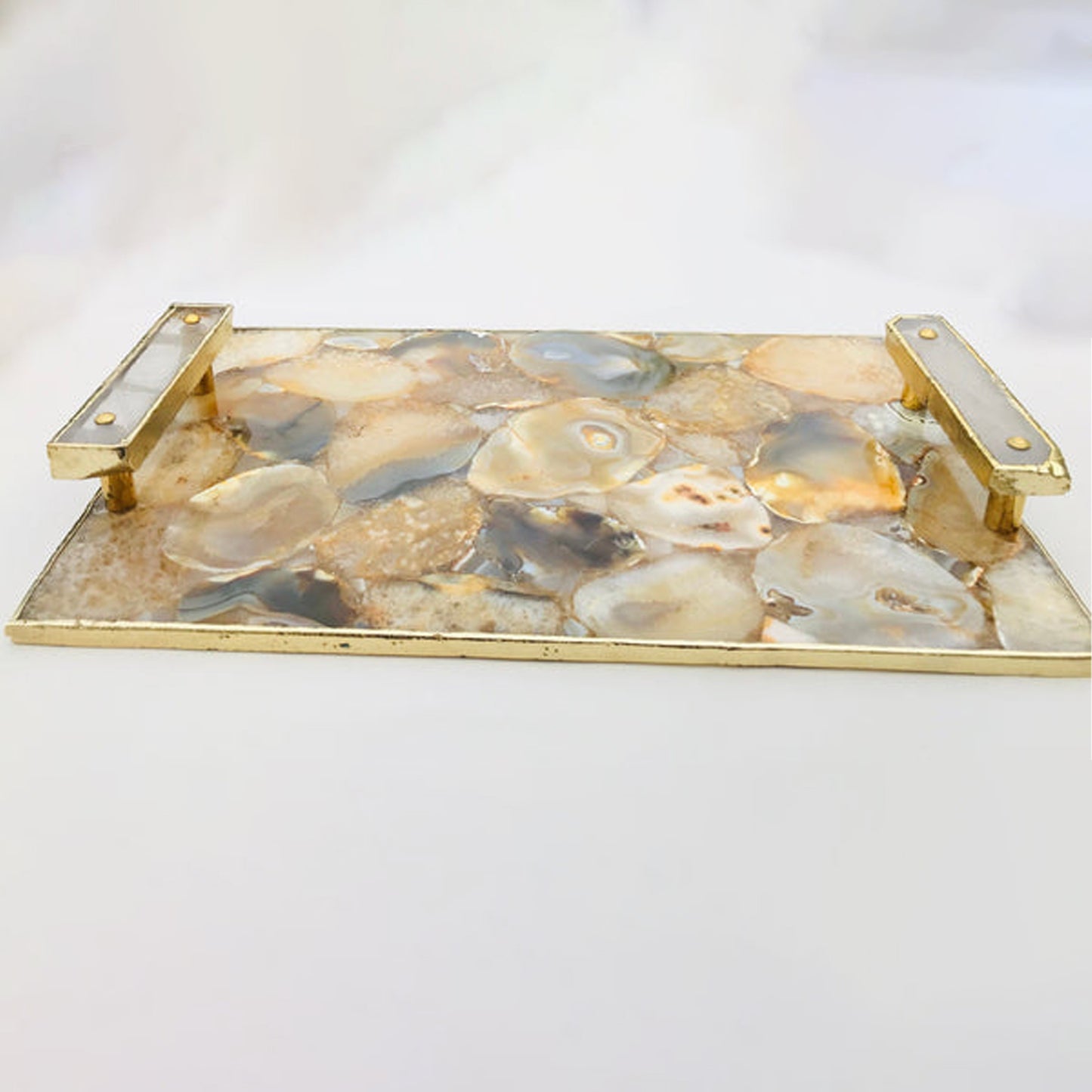 Brown Plated Agate Serving Tray With Clear Quartz Handles/Personalised Momentos/Sign Boards