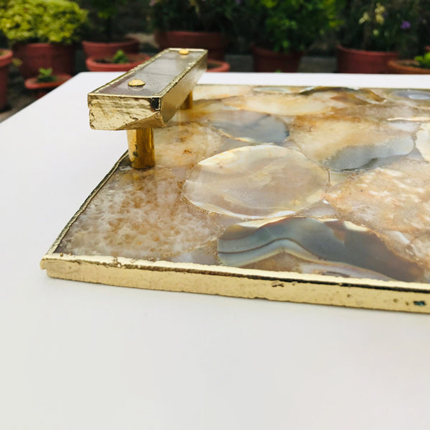 Brown Plated Agate Serving Tray With Clear Quartz Handles/Personalised Momentos/Sign Boards