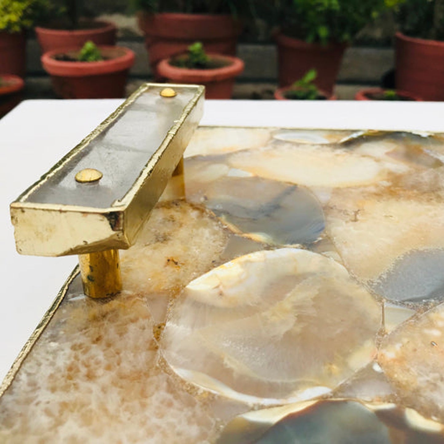 Brown Plated Agate Serving Tray With Clear Quartz Handles/Personalised Momentos/Sign Boards