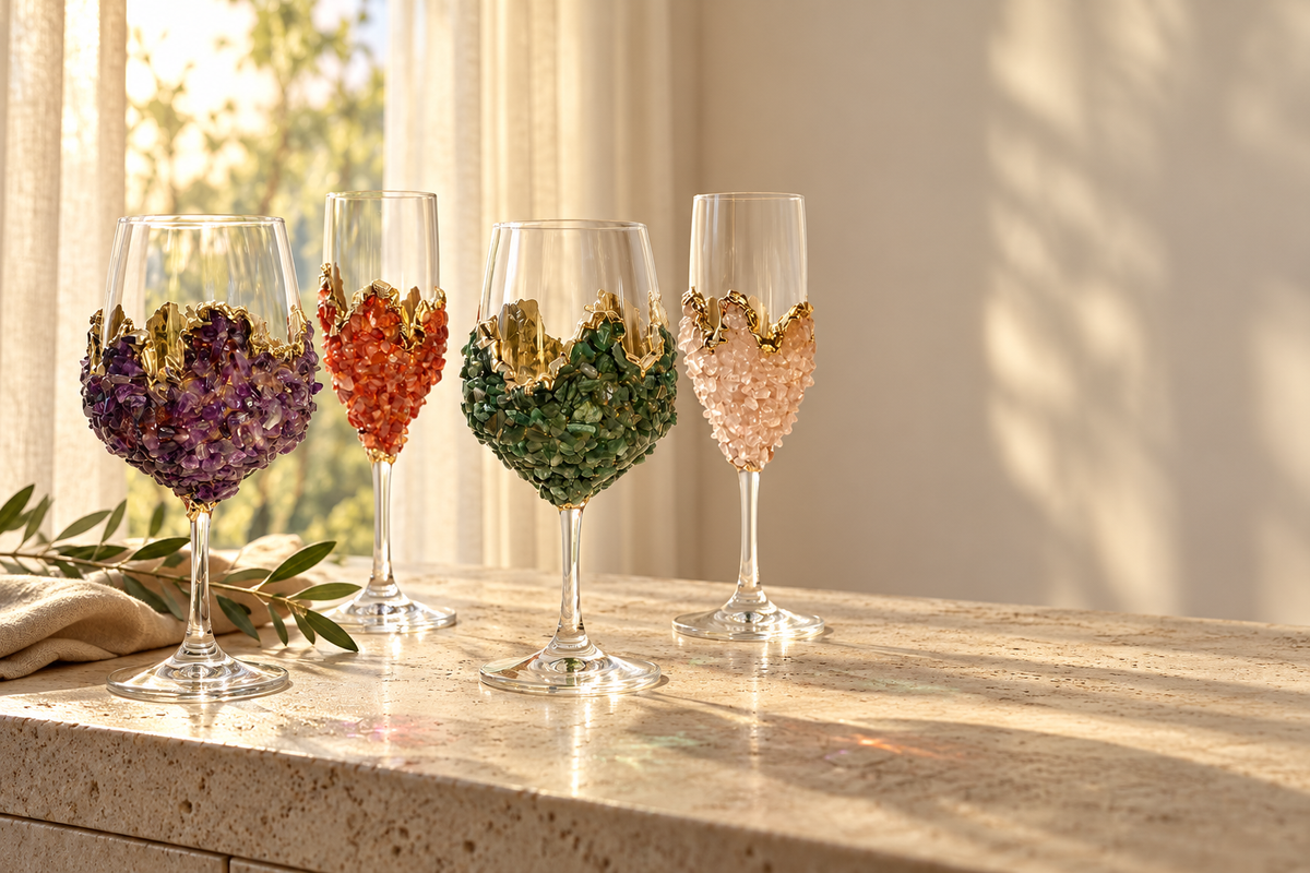 Amethyst, red agate and green agate wine glasses and a rose quartz champagne flute, each with stone chips around the lower bowl, on a sunlit travertine sideboard