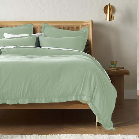 Embroidered Edge Sage Green 100% Pure Linen | Linen Cotton Mix | 3 Piece Duvet Cover Set | 4 Piece Sheet Set | Handmade | Pre-washed | Soft