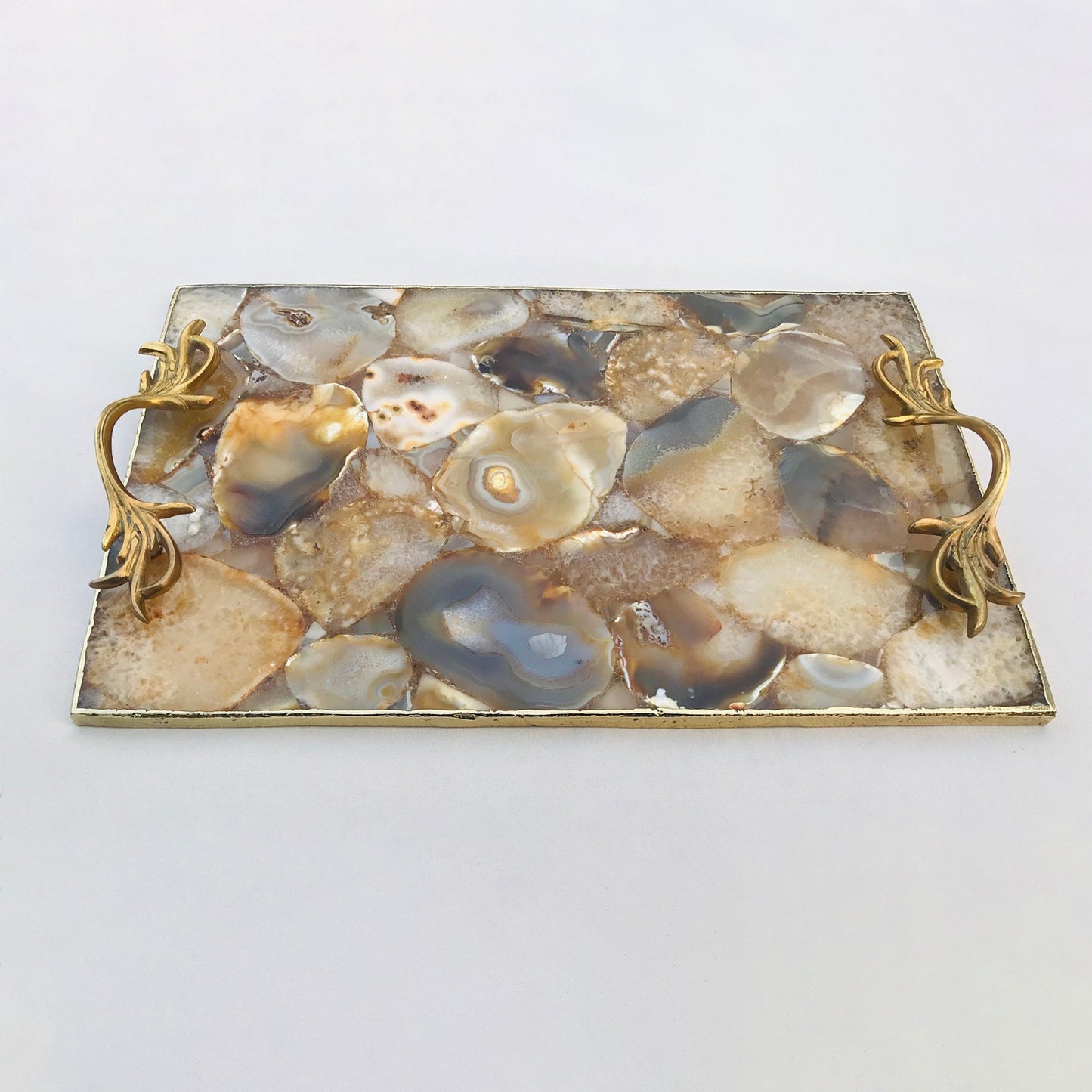 Golden Brown Agate  Serving Tray With Brass Handles