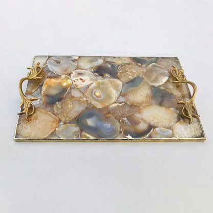 Golden Brown Agate  Serving Tray With Brass Handles