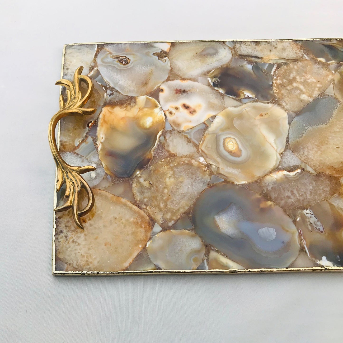 Golden Brown Agate  Serving Tray With Brass Handles