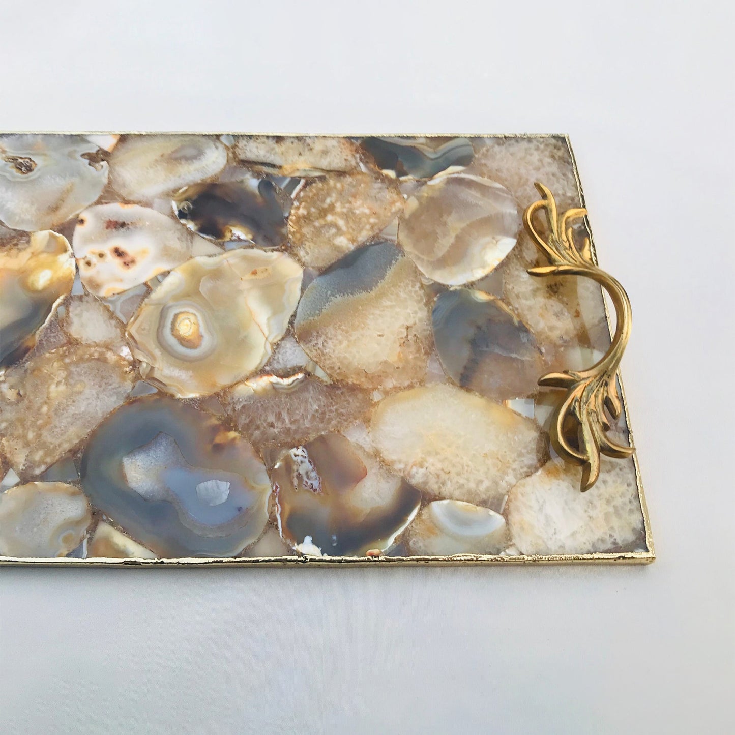 Golden Brown Agate  Serving Tray With Brass Handles