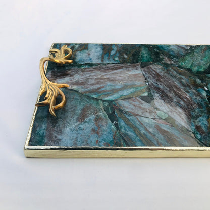 Green Aventurine Agate  Serving Tray With Brass Handles