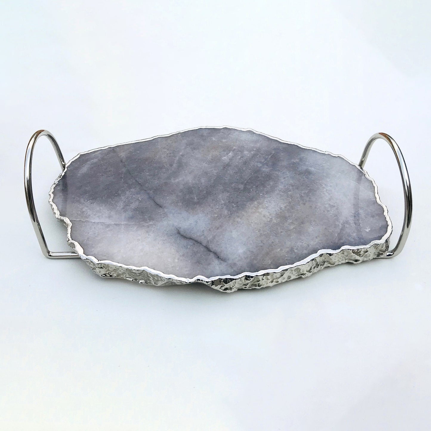 Grey Agate Quartz Serving Tray With Silver Finish  Loop Handles