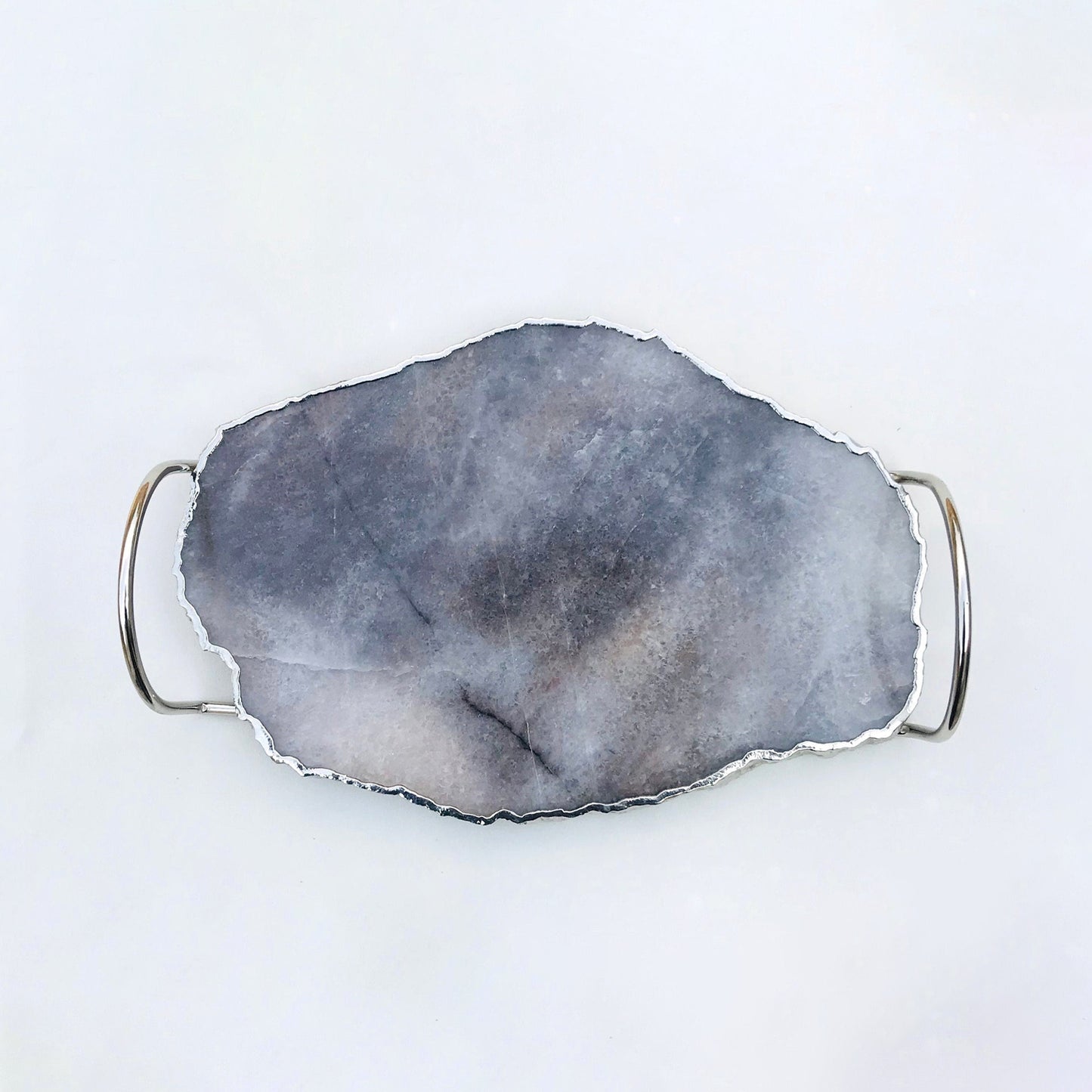 Grey Agate Quartz Serving Tray With Silver Finish  Loop Handles