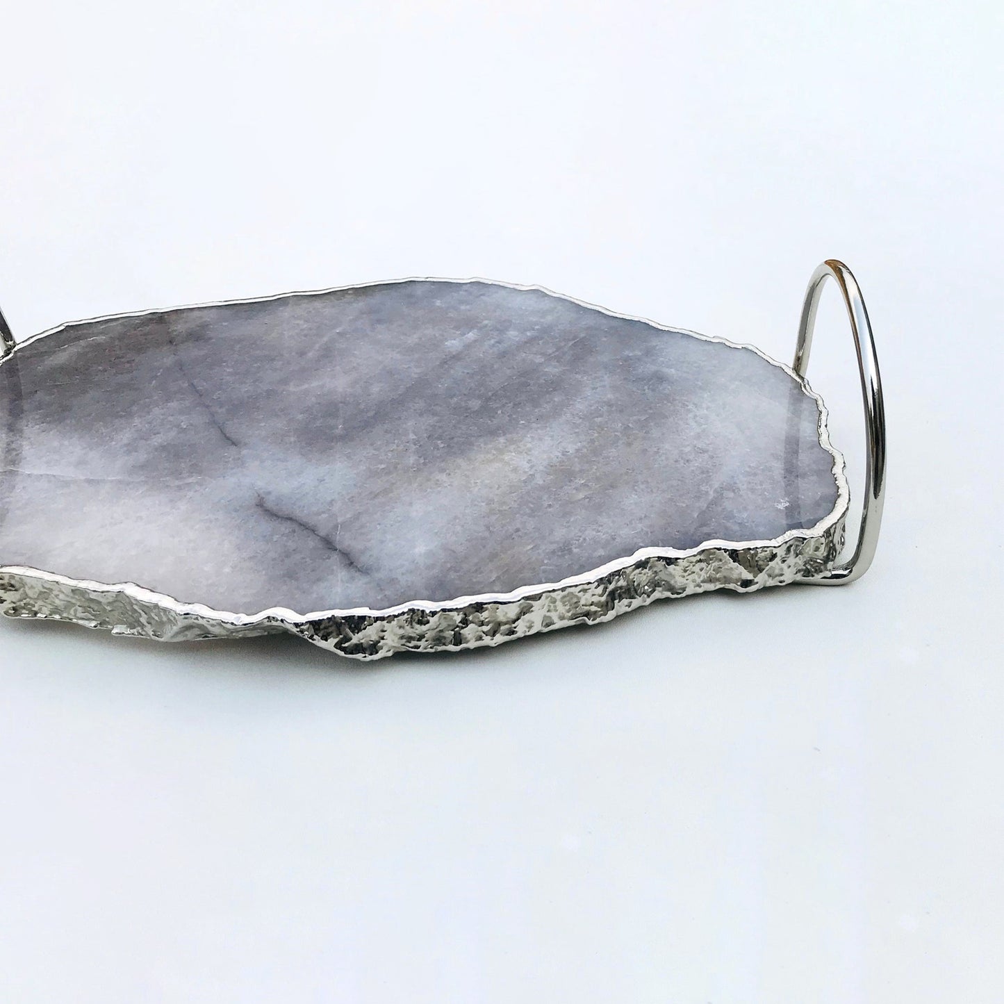 Grey Agate Quartz Serving Tray With Silver Finish  Loop Handles