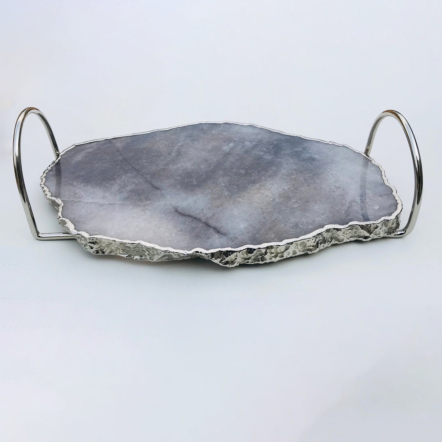 Grey Agate Quartz Serving Tray With Silver Finish  Loop Handles