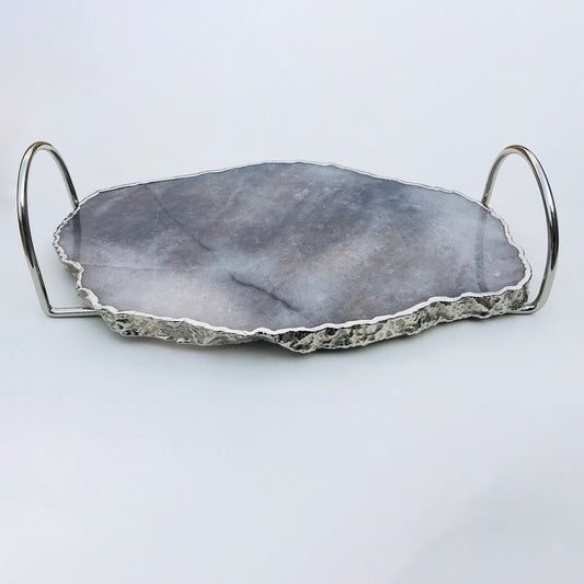 Grey Agate Quartz Serving Tray With Silver Finish  Loop Handles