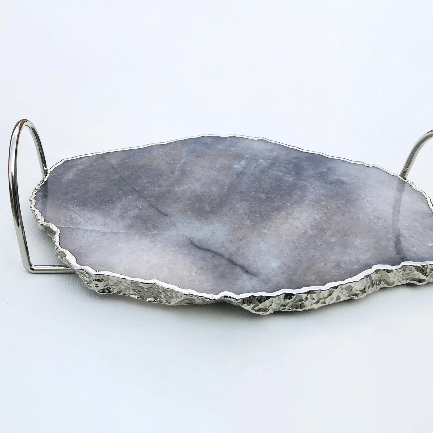 Grey Agate Quartz Serving Tray With Silver Finish  Loop Handles