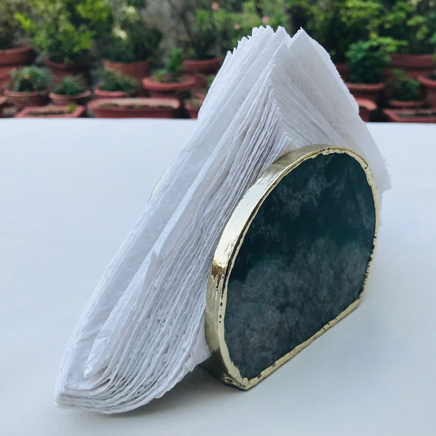 Hand Rounded Green Agate Napkin Holder/Natural Stone Napkin Holder/Paper Napkin Holder/Desk Napkin Holder/Picnic Holder