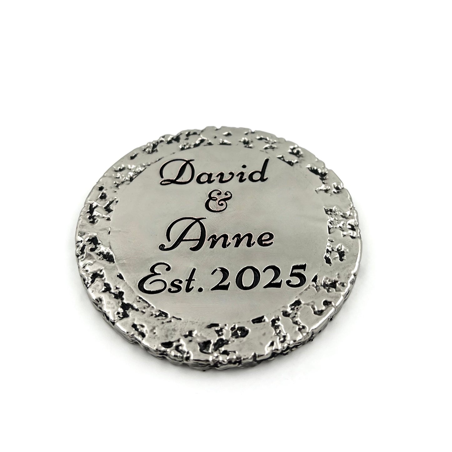 Custom engraved round coasters | Personalized metal name decor in gold, silver or antique | set of 4
