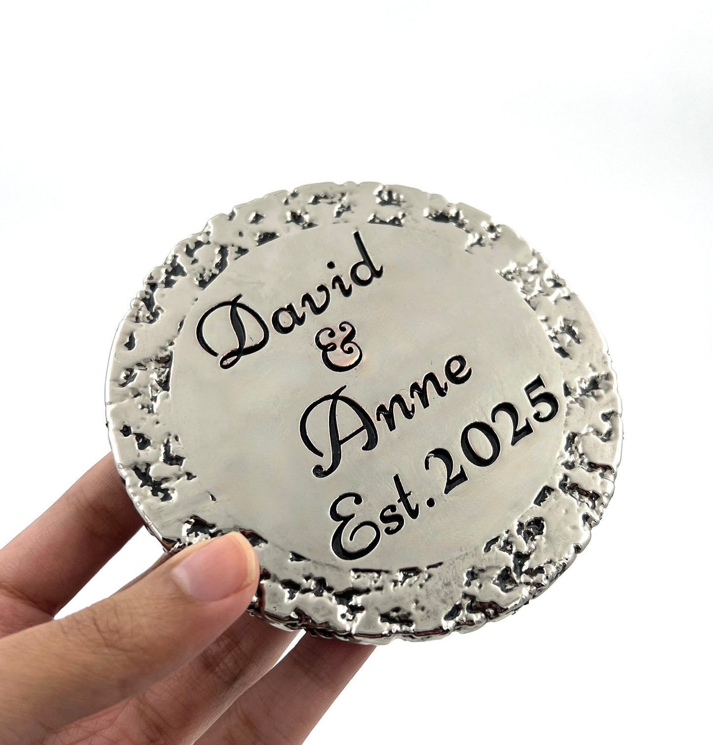 Custom engraved round coasters | Personalized metal name decor in gold, silver or antique | set of 4