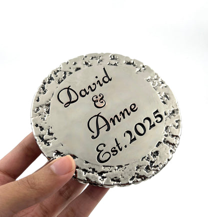 Custom engraved round coasters | Personalized metal name decor in gold, silver or antique | set of 4
