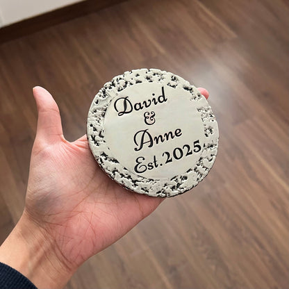 Custom engraved round coasters | Personalized metal name decor in gold, silver or antique | set of 4