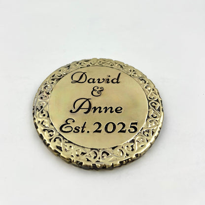 Custom engraved round coasters | Personalized metal name decor in gold, silver or antique | set of 4