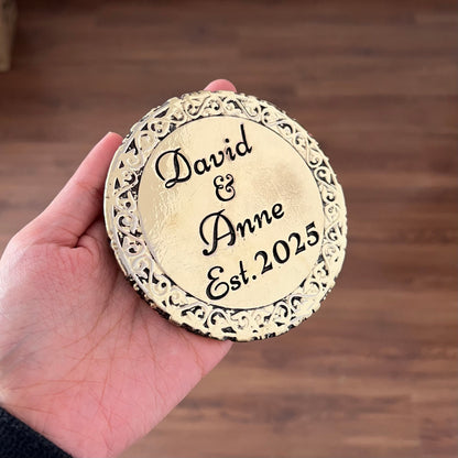 Custom engraved round coasters | Personalized metal name decor in gold, silver or antique | set of 4