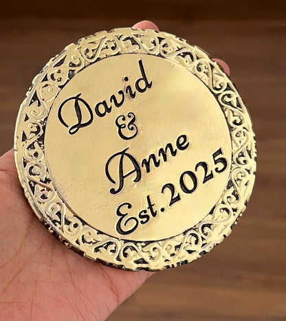 Custom engraved round coasters | Personalized metal name decor in gold, silver or antique | set of 4