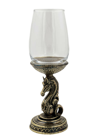 Set of 4 - Knight Wine Glasses | Chess Inspired Decorative Drinkware | Statement Barware | Antique, Gold or Silver Finish