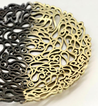 Lace Inspired Decorative Tray – Electro-formed Filigree Decor Dish, Fossil Style Art Platter in God and Antique Ombre Finish
