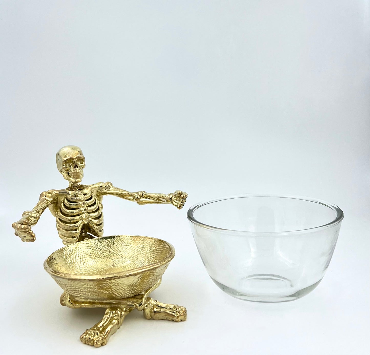 Skeleton Bowl with Glass Insert – Gothic Decorative Dish | Gold, Silver or Antique Finish | Halloween Candy Bowl & Home Decor
