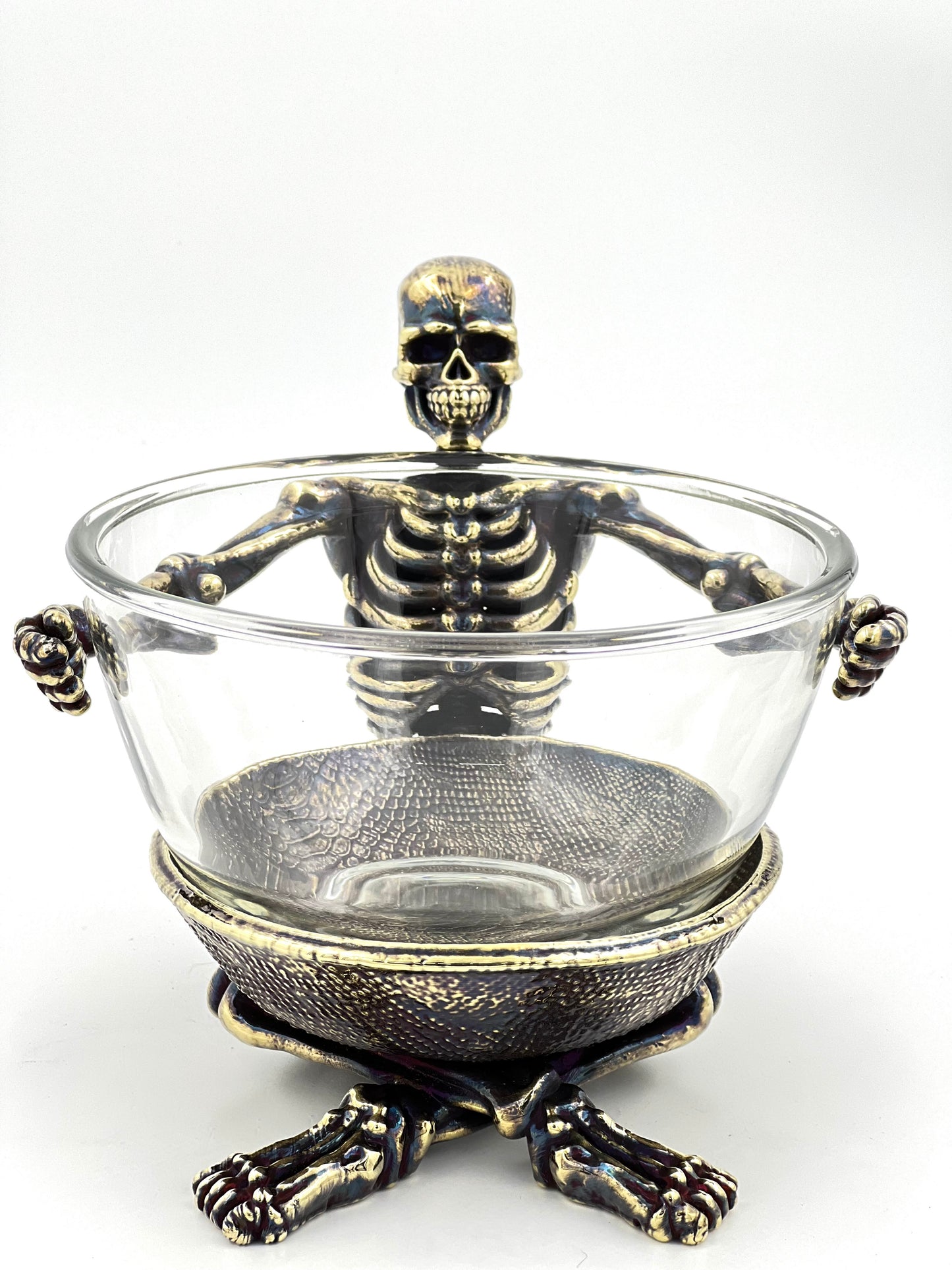 Skeleton Bowl with Glass Insert – Gothic Decorative Dish | Gold, Silver or Antique Finish | Halloween Candy Bowl & Home Decor