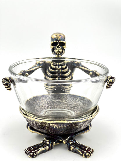 Skeleton Bowl with Glass Insert – Gothic Decorative Dish | Gold, Silver or Antique Finish | Halloween Candy Bowl & Home Decor