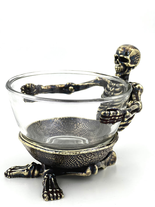 Skeleton Bowl with Glass Insert – Gothic Decorative Dish | Gold, Silver or Antique Finish | Halloween Candy Bowl & Home Decor