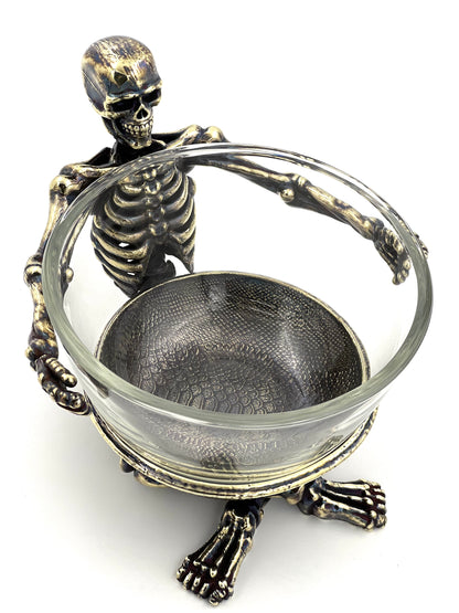 Skeleton Bowl with Glass Insert – Gothic Decorative Dish | Gold, Silver or Antique Finish | Halloween Candy Bowl & Home Decor