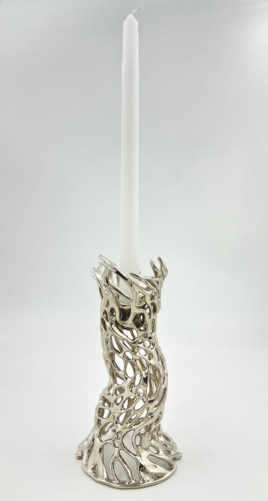 Roots - Electro-formed Sculptural Taper Candleholder | Organic Spiral Coral-Inspired Home Accent in Gold, Silver or Antique Finish