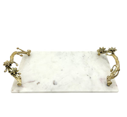 White Marble Tray with Gilded Floral Handles