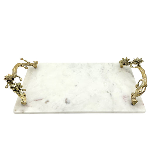 White Marble Tray with Gilded Floral Handles