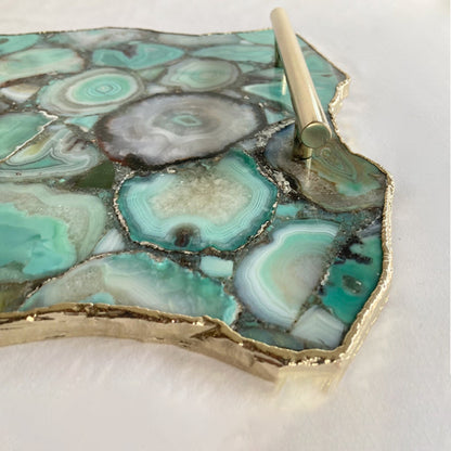 Large Green Agate Serving Tray With Plain Modern Brass Handles/Personalised Momentos/Sign Boards 10"x15"