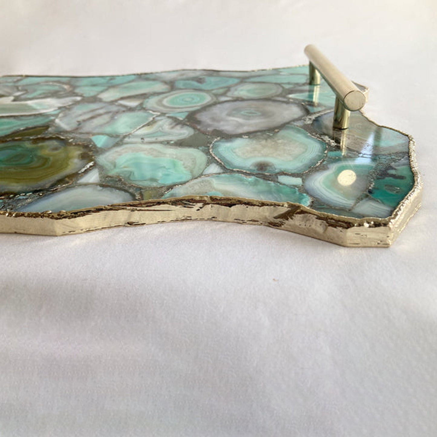 Large Green Agate Serving Tray With Plain Modern Brass Handles/Personalised Momentos/Sign Boards 10"x15"
