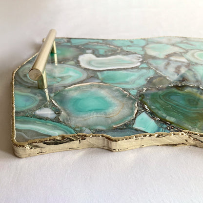 Large Green Agate Serving Tray With Plain Modern Brass Handles/Personalised Momentos/Sign Boards 10"x15"
