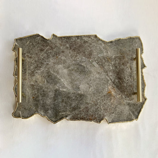 Large Smoky Grey Agate Serving Tray With Plain Modern Brass Handles/Personalised Momentos/Sign Boards 10"x15"