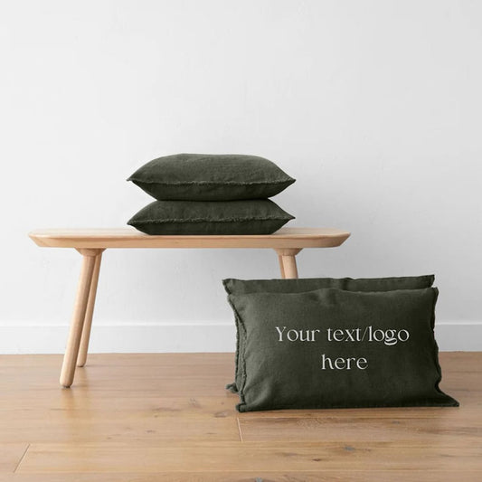 MossGreen - Set of 2 | Personalised Embroidered Raw/Frayed Edged Pillow/Cushion Covers (Covers only) in Pure Linen | Super Soft | Pre-washed