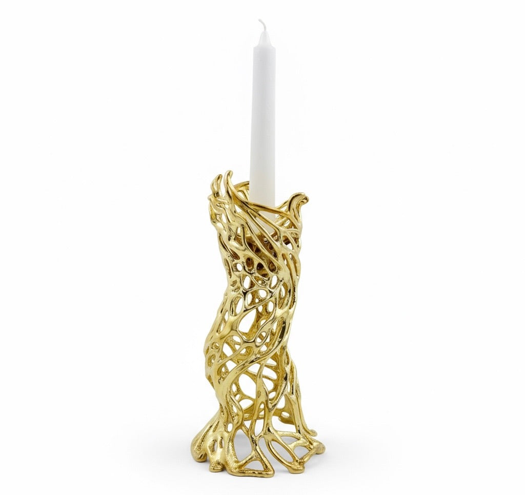 Roots - Electro-formed Sculptural Taper Candleholder | Organic Spiral Coral-Inspired Home Accent in Gold, Silver or Antique Finish