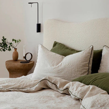 Natural Beige with Moss Green Piping - 100% Pure Linen or Linen Cotton | 3 Piece Piped Duvet Cover Set | Handmade | Pre-washed