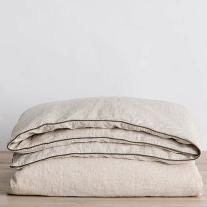 Natural Beige with Moss Green Piping - 100% Pure Linen or Linen Cotton | 3 Piece Piped Duvet Cover Set | Handmade | Pre-washed
