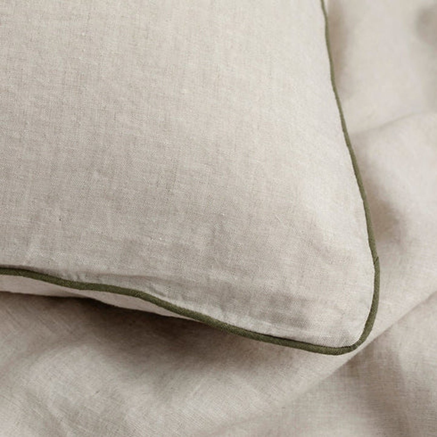 Natural Beige with Moss Green Piping - 100% Pure Linen or Linen Cotton | 3 Piece Piped Duvet Cover Set | Handmade | Pre-washed