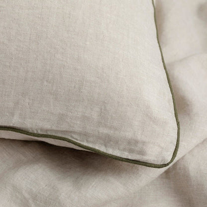 Natural Beige with Moss Green Piping - 100% Pure Linen or Linen Cotton | 3 Piece Piped Duvet Cover Set | Handmade | Pre-washed