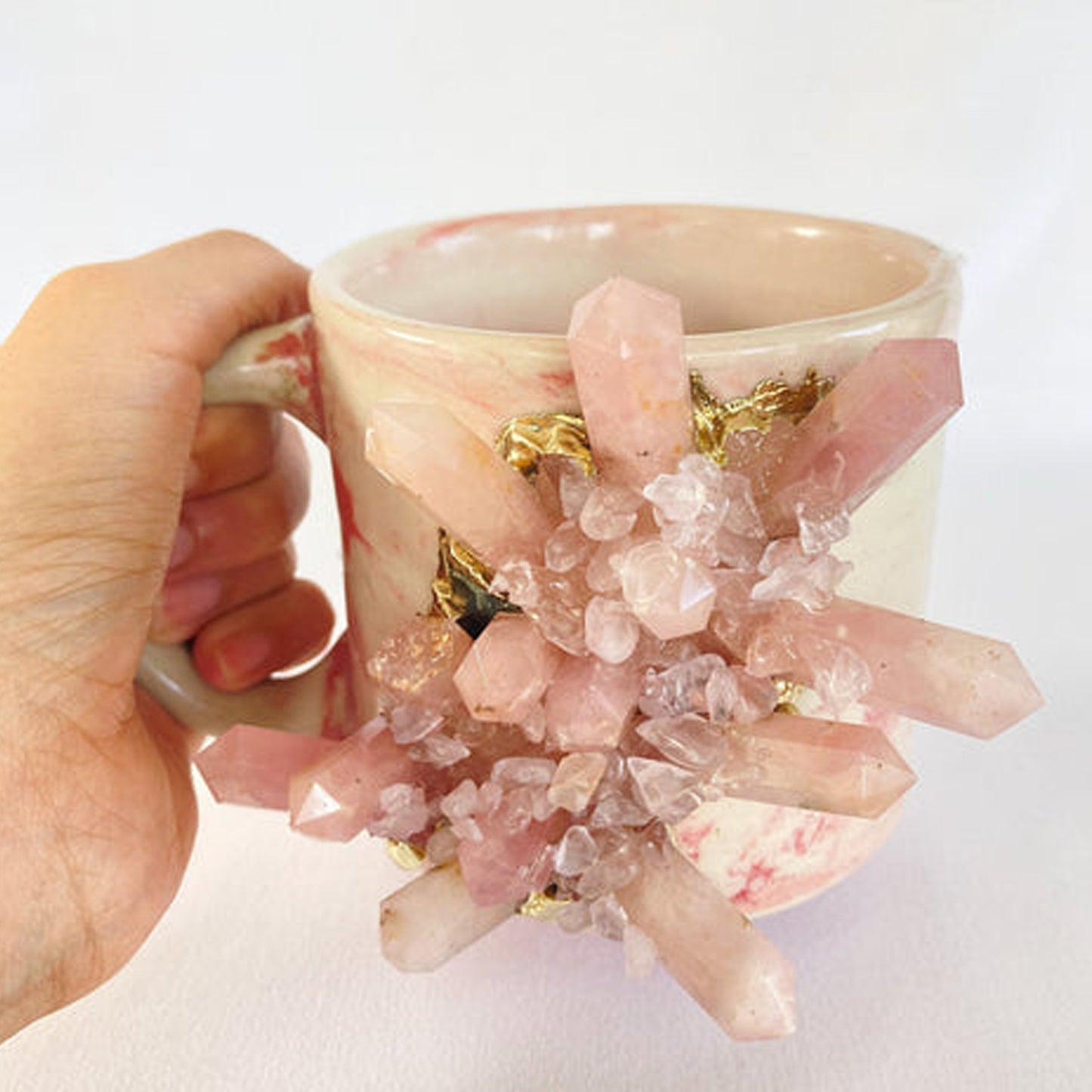 Set of 2 |Personalised Pink Marble Effect Ceramic Big Coffee/Tea/Juice Mug with Gold Plated Rose Quartz/Agate Semi-precious | 11 oz/325 ml