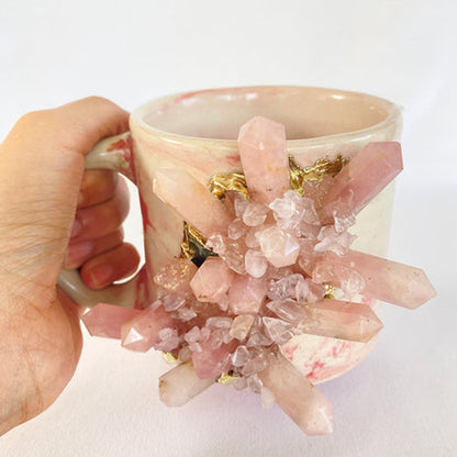 Set of 2 |Personalised Pink Marble Effect Ceramic Big Coffee/Tea/Juice Mug with Gold Plated Rose Quartz/Agate Semi-precious | 11 oz/325 ml
