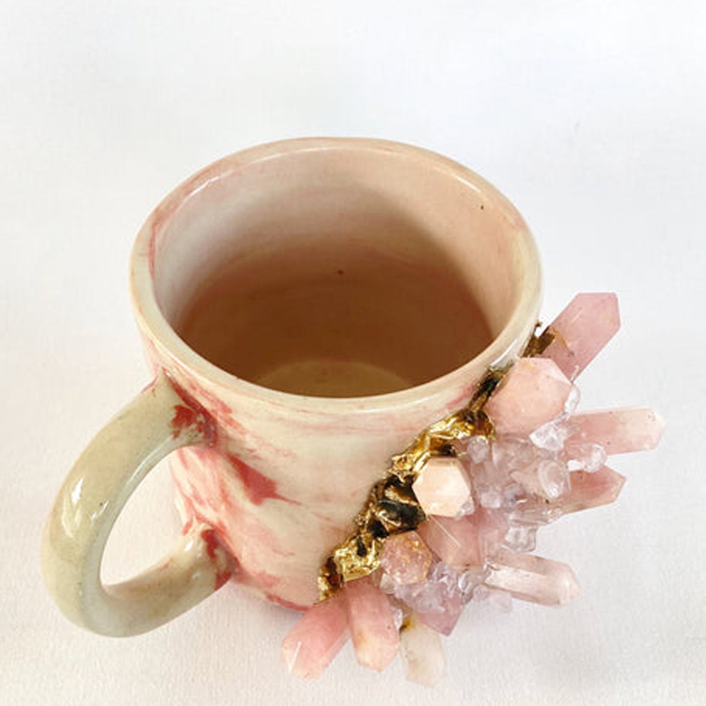 Set of 2 |Personalised Pink Marble Effect Ceramic Big Coffee/Tea/Juice Mug with Gold Plated Rose Quartz/Agate Semi-precious | 11 oz/325 ml
